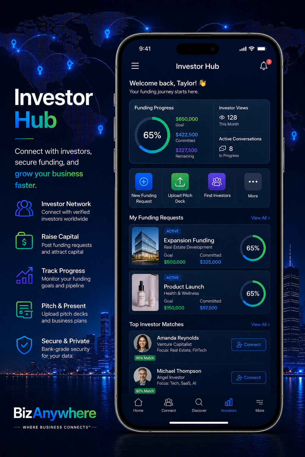 Investor Hub screen showing funding progress and investor matches.