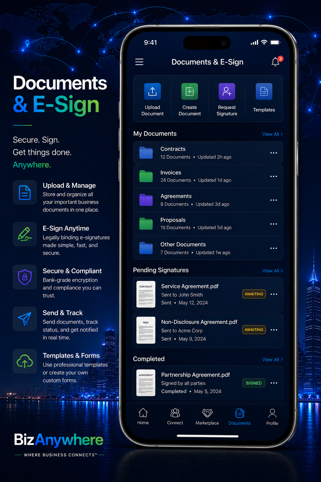 Documents & E-Sign screen showing folders and pending signatures.
