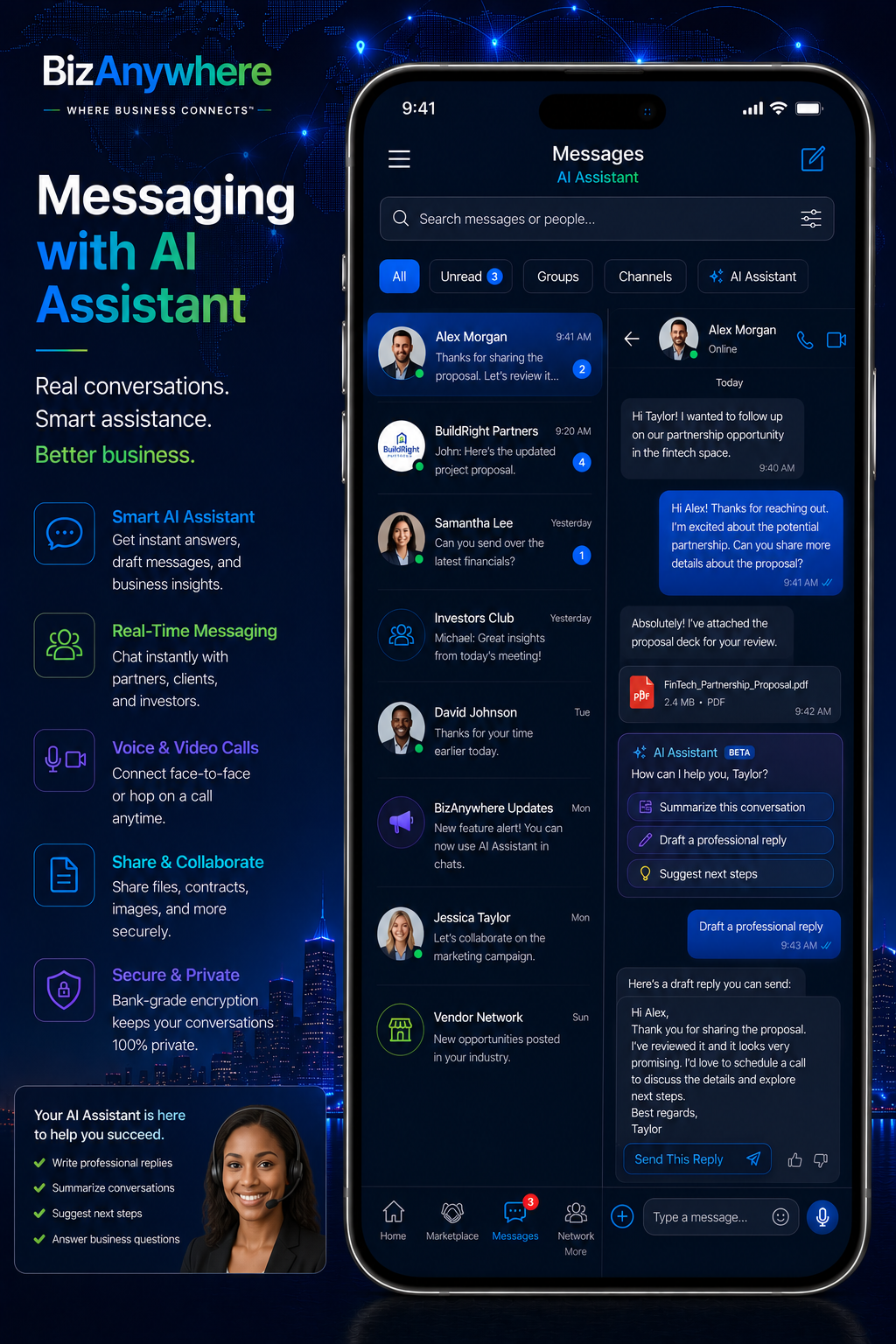 Messaging screen featuring the Smart Assistant drafting a professional reply.