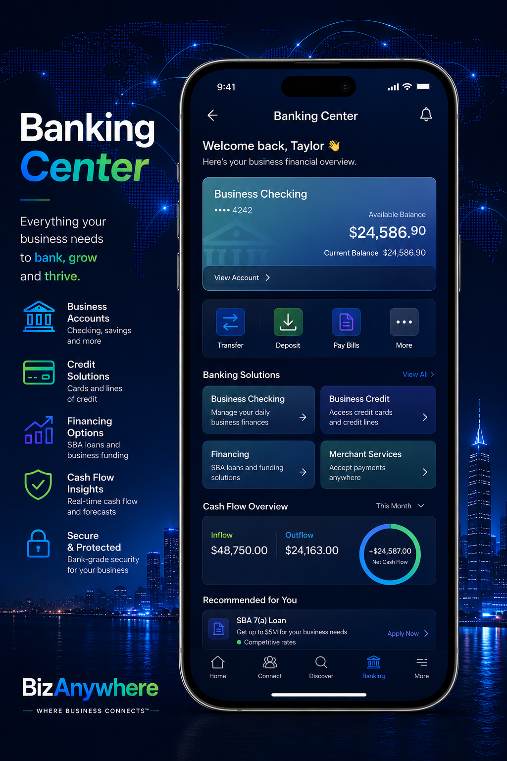 Business Banking Network screen showing a matched business banker profile and available financial products.